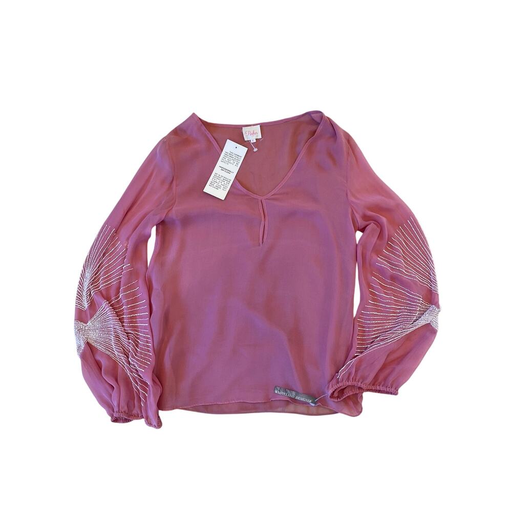 Parker 100% Silk Beaded Sleeve Blouse Top Pink Long Sleeve NWT Size S